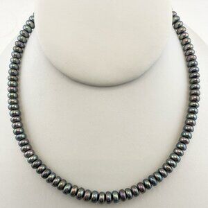 Honora Pearl Necklace Peacock Oil Slick Button Sterling Silver 16" Blue-Gray 925